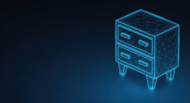Futuristic Neon Blue Wireframe Cabinet with Drawers