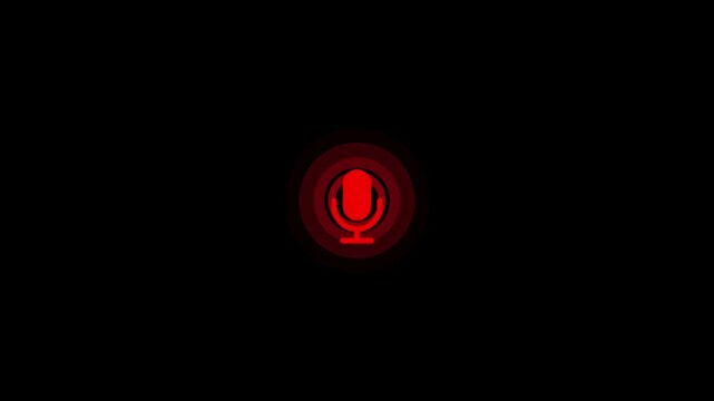 A red microphone pulsating with circular radio voice signal waves, isolated on black background. Podcast icon animation, UI motion graphic for audio recording and dictation.