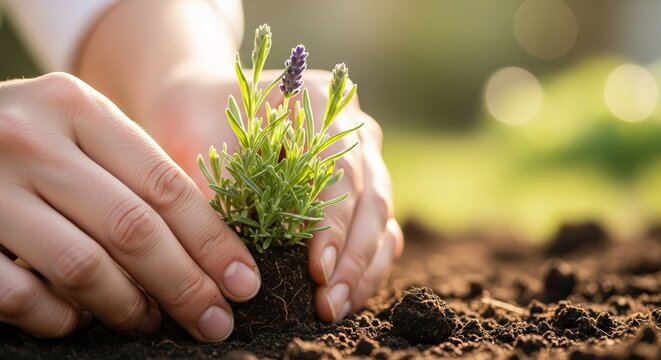 Person planting lavender seedling with care in rich soil under sunlight. Planting lavender involves nurturing the fresh seedling while ensuring healthy growth in garden.