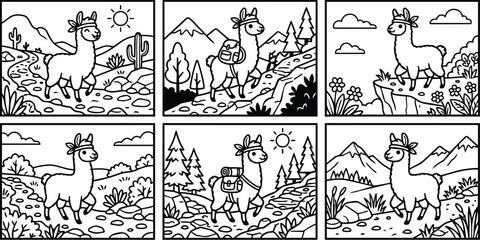 Naklejka premium Framed vector llama in mountain desert landscape line art illustration black and white