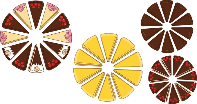Assorted circular cake slice vector set featuring chocolate cheesecake desserts and colorful bakery confection arrangements