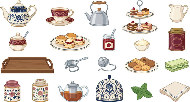 Vintage Afternoon Tea Party Vector Illustration Set Featuring Teapots, Cups, Scones, Cakes, and Sweet Pastries for Cafe Menu Designs