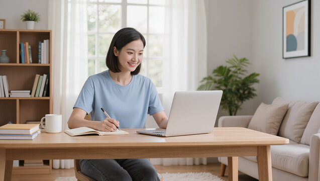 Smiling Asian Woman Working Remotely at Home with Laptop and Notebook