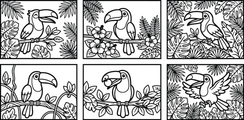 Obraz premium panel toucan line art set in jungle foliage for coloring design