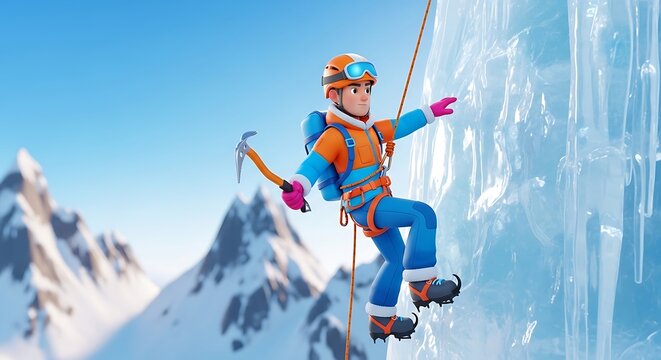 Animated climber scaling icy wall, wearing orange/blue gear, ice pick in hand, sunny sky