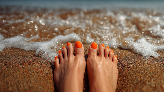 Close-up of a woman's feet with an orange pedicure on wet sand near the sea, with a rolling wave and foam
