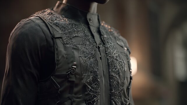 8K Ultra HD Closeup of a futuristic tactical vest with intricate metallic weblike detailing on a dark techwear garment image