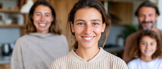 Obraz premium A young woman confidently smiles in a cozy modern home environment, reflecting themes of self-assurance, happiness, and family support that fosters personal growth.