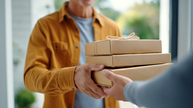 Man handing stacked packages to recipient at doorway