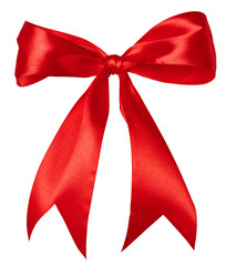 Fototapeta premium A lush red satin bow made of a wide ribbon, a bright festive element of decor and gift wrapping
