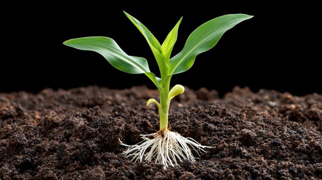 Young corn seedling emerges from rich soil with visible root system