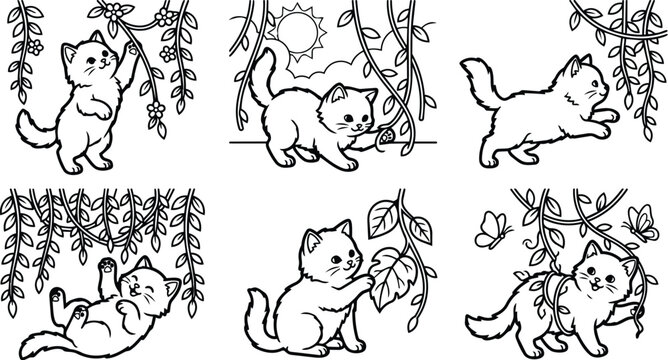 Playful kittens in a garden with arbors and leaves