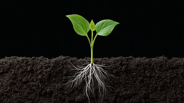 A small green sprout with visible roots emerges from dark soil against a black background