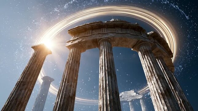 Giant solar halo rotating behind ancient Greek temple columns, glowing particles drifting through sunlight, Apollo-inspired celestial atmosphere