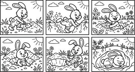 Naklejka premium Rabbit digging garden in a panel line art scene for kids coloring