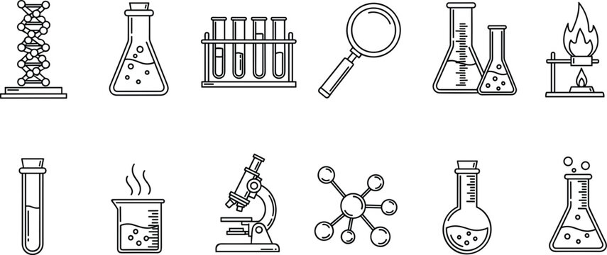 Chemistry laboratory equipment outline icon set featuring scientific experimentation education biotechnology and analytical research elements