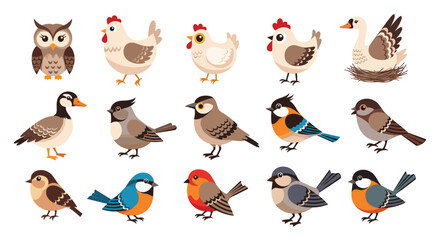 Obraz premium Large collection of different cartoon birds and poultry species shown in profile against a plain white background.