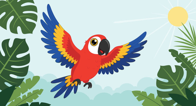 Colorful macaw parrot flying with spread wings in a tropical jungle setting with palm leaves and a bright yellow sun.
