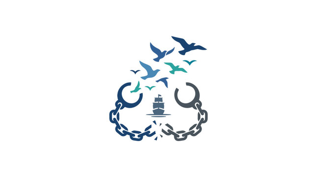 Conceptual liberation design with broken handcuffs and flying birds
