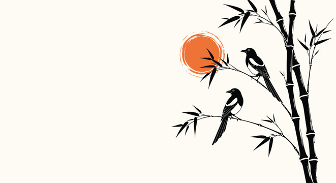 Elegant oriental style illustration of two magpies perched on bamboo branches in front of a large red setting sun.