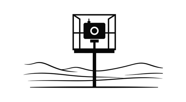 Minimalist vector illustration of an outdoor camera in a protective enclosure on a pole with simple landscape lines