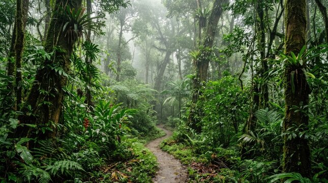 A misty rainforest path winds through a dense, vibrant jungle. Towering trees with thick, moss-covered trunks dominate the scene, their branches intertwined to create a canopy overhead.