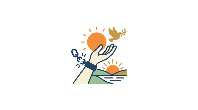 Freedom Concept with Handcuffed Hand, Bird, and Sunrise Illustration