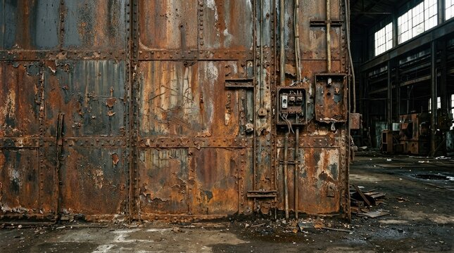 A large, rusted metal wall dominates the frame, showcasing extensive corrosion and decay. Electrical panels and wiring are affixed to the wall, adding to the industrial aesthetic.