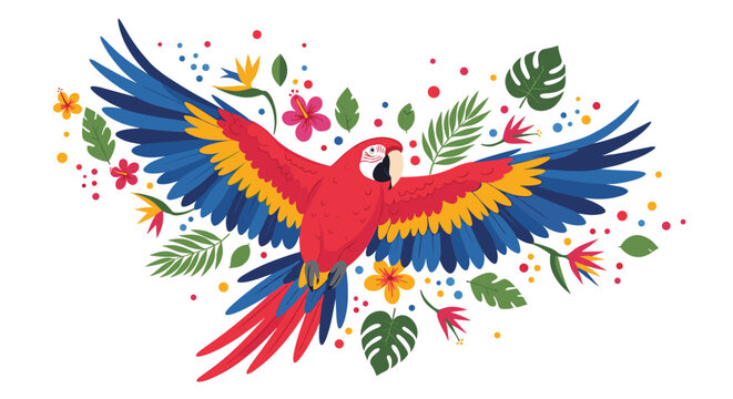 Vibrant scarlet macaw parrot with wide spread wings is surrounded by tropical leaves, hibiscus flowers, and colorful dot patterns.
