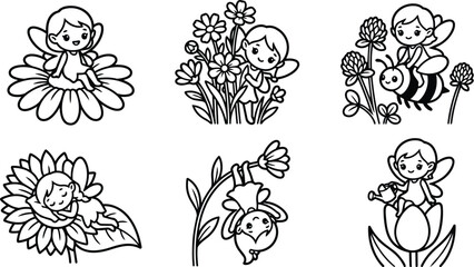 Fototapeta premium Line art fairy garden scene with flowers and bee vector illustration childlike style
