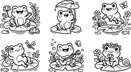 Fototapeta premium Line art frogs on lily pads collection