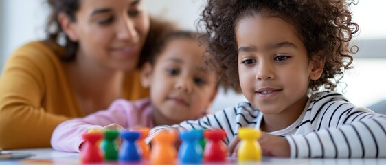 Fototapeta premium Two young girls, engaged in a fun board game with their mother, reflect joy and concentration, surrounded by colorful game pieces in a cozy indoor setting filled with harmony.