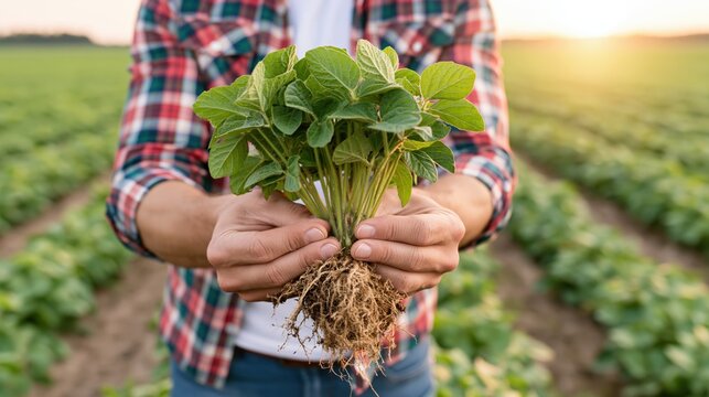 Agronomist examines healthy soybean plant with developed root system in a field