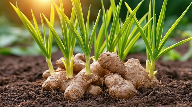 Fresh ginger rhizomes sprouting vibrant green shoots in dark fertile soil
