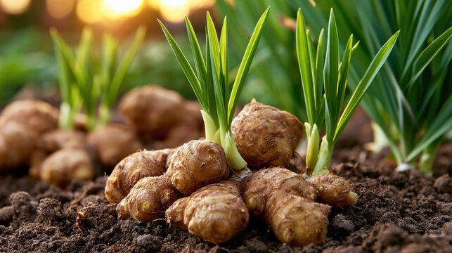 Fresh ginger rhizomes with green shoots growing in dark fertile soil at sunrise