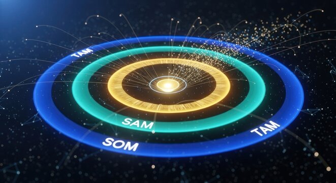 Digital target board for tam sam som market analysis with glowing data