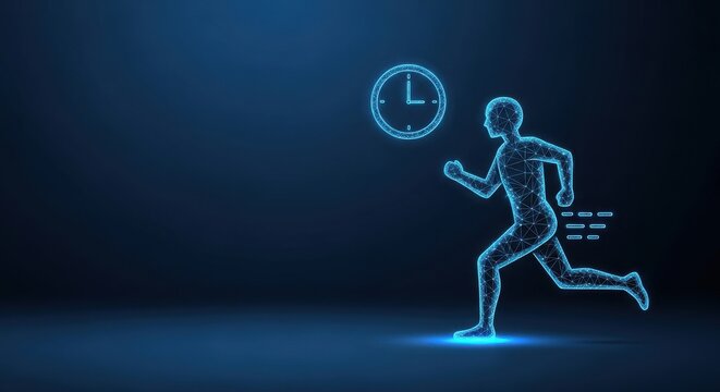 Digital human figure running towards a glowing clock, representing the race against time.