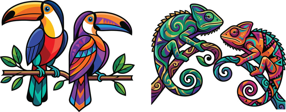 Detailed patterned cartoon icon set featuring pairs of colorful toucan birds and decorative chameleon lizards vector illustration.