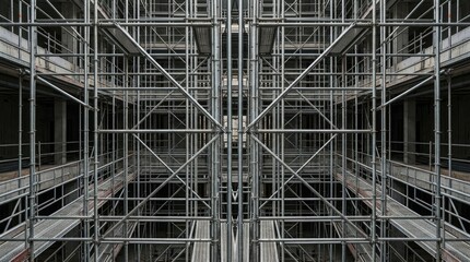Fototapeta premium A symmetrical photograph captures a complex scaffolding structure. The scaffolding dominates the frame, creating a grid-like pattern.