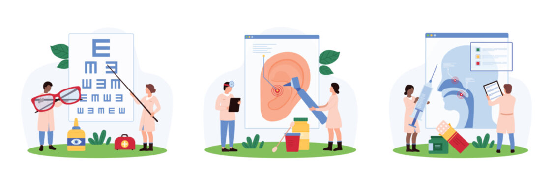 Ear, nose and throat checkup, otolaryngology, ophthalmology set. Tiny people check for diseases of upper respiratory tract, test eye and hearing with otoscope and chart cartoon vector illustration