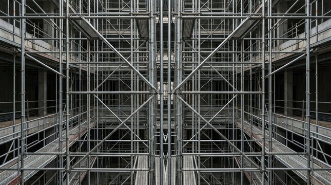 A symmetrical photograph captures a complex scaffolding structure. The scaffolding dominates the frame, creating a grid-like pattern.