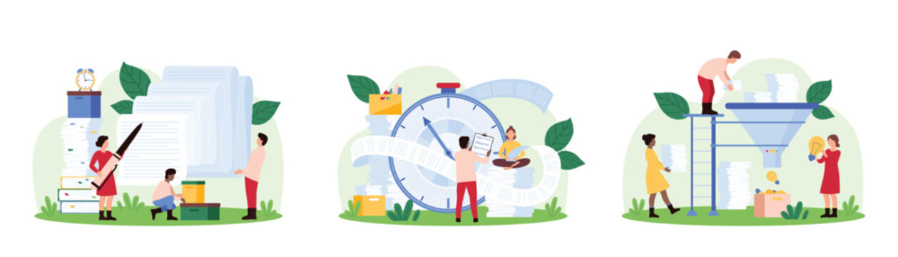 Office paperwork management and administration, bureaucracy set. Tiny people work with lot of financial documentary and report pile, endless scroll and conversion funnel cartoon vector illustration