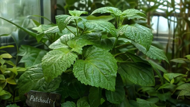 A lush green patchouli plant with broad, textured leaves growing in a humid greenhouse.