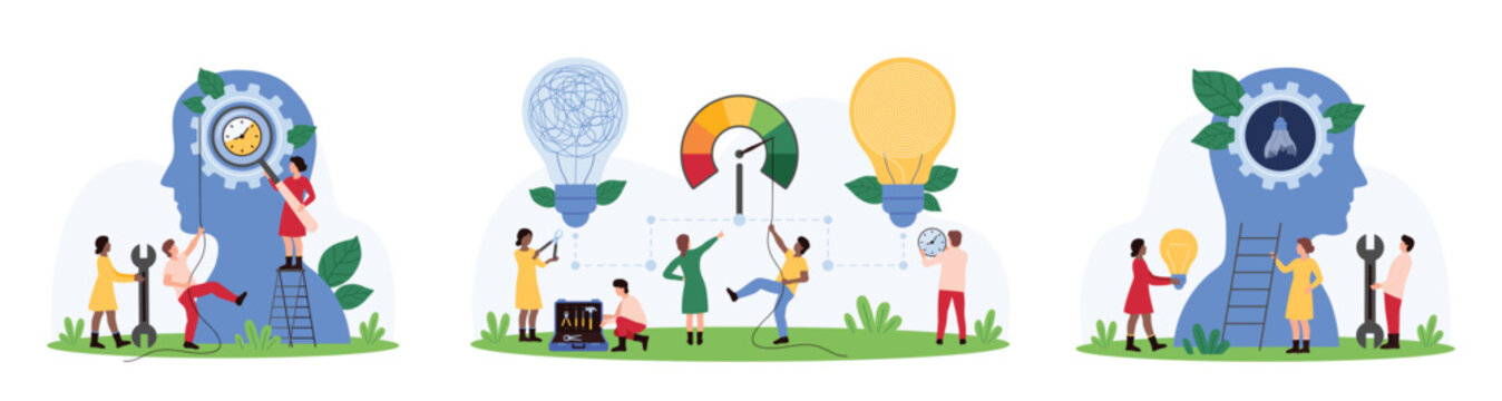 Business productivity growth set. Tiny people study clock with magnifying glass, replace broken light bulb inside head, connect lamps with mess and order to solve problem cartoon vector illustration