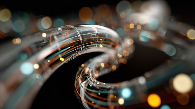 Abstract visualization of fiber optic cables transmitting data with glowing particles