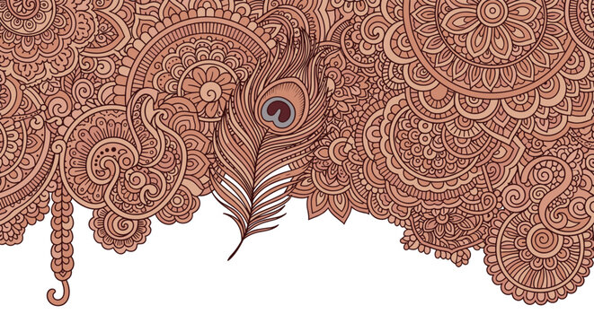 Single peacock feather placed against a complex brown mandala and henna style background with floral ornaments.