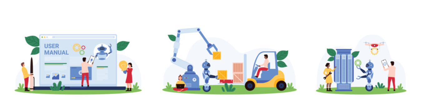 User manual, automation of delivery and data management using AI set. Tiny people, robots and drone team repair server, load boxes in warehouse, talk with chat bot cartoon vector illustration