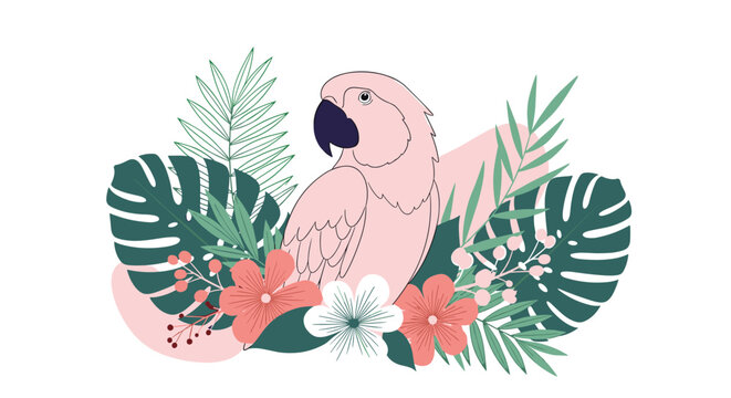 Pink parrot bird surrounded by tropical monstera leaves and blooming hibiscus flowers in a soft pastel color palette.