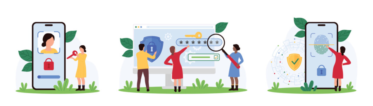 Secure access to device, mobile app or account, biometric recognition set. Tiny people with lock on safety shield and shield protect privacy, online information on screen cartoon vector illustration