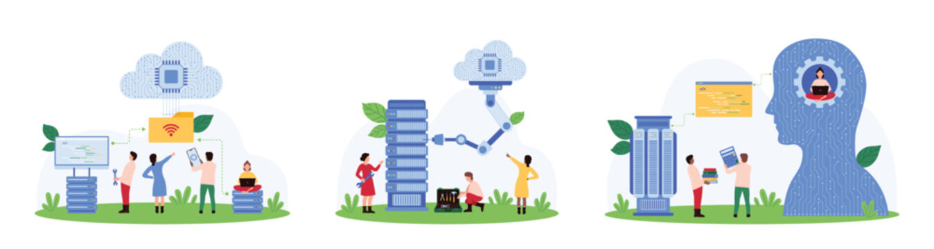 Server technology, machine learning, cloud computing with AI set. Tiny people and smart brain work with digital database system on tech solution, server rack and hardware cartoon vector illustration